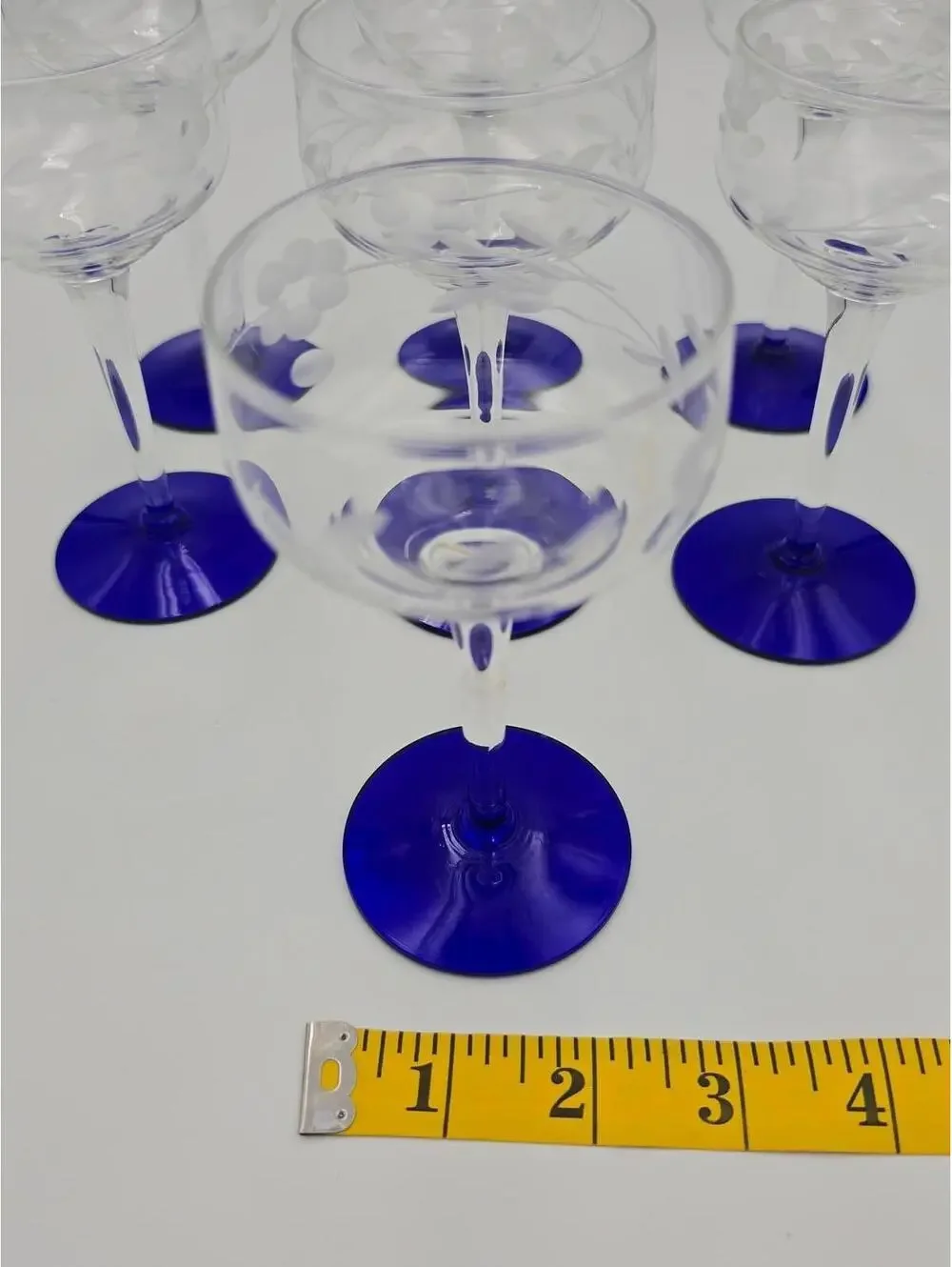 Vintage MCM Set 7 Etched Coupe Glasses Cobalt Blue Stem Floral Barware